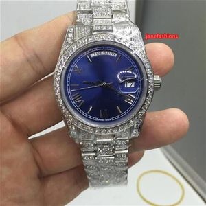 Relojes para hombre, reloj de acero inoxidable con diamante plateado completo, cara azul hip-hop, 36mm, doble calendario, relojes automáticos 2533