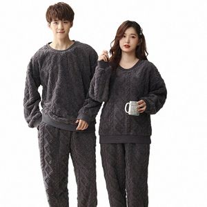 Trajes de invierno para hombres Pareja Conjunto de pijamas de franela Pijamas masculinos Grueso Coral Fleece LG Manga Pijamas Damas Ropa de dormir informal M-3XL y7JK #