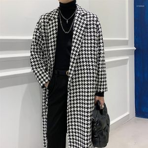 Men's Wool 2023 Autumn Winter Korean Thick Temperament Houndstooth Long Woolen Coat Men's Knee-length British Style Windbreaker Jacket