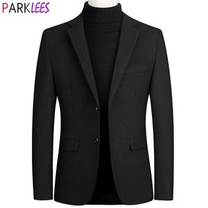 Chaqueta de traje de negocios de mezcla de lana para hombre, chaqueta de marca, chaqueta de Cachemira con solapa con muescas de dos botones, abrigo para hombre negro 210522