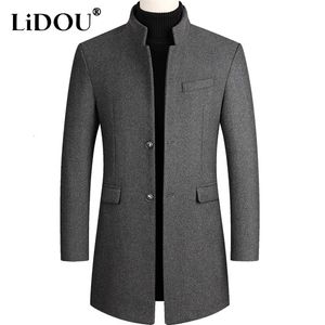 Men's Wool Blends Autumn Winter Solid Color Stand Collar Long Sleeve Button Wool Blends Windbreaker Man Fashion Casual Thicken Warm Cardigan 231016