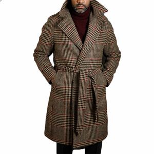 Mezcla de lana para hombre, trajes de pata de gallo de estilo clásico con cinturón, moda gruesa, abrigo largo hecho a medida, chaqueta de negocios con solapa de invierno 230217