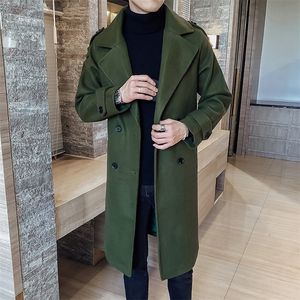 Mélanges de laine pour hommes Mode Veste d'hiver Hommes Classique Mode Trenchs Manteaux Noir Caramel Armée Vert Hommes Long Trench Slim Fit Pardessus Hommes Manteaux 220909