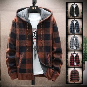Men's Wool Blends Plaid Winter Sweater Men Thick Wool Liner Warm Cardigan Men's Knitted Jacket With Hood Oversized Sweater Mens Clothes 220915