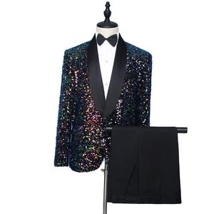 Men Sequins Suits Suits Stage Disfraz de lentejuelas brillantes Lapa de chal Blazer 2 piezas Singer Banqueta Anfitrión de conciertos Concert Night Club Bar Suits