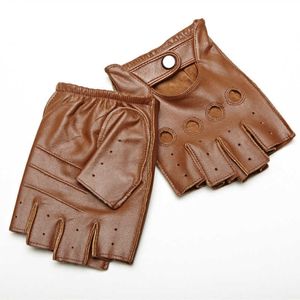 Guantes de piel de oveja para hombre, guantes Retro de cuero genuino sin dedos para conducir, ciclismo, motocicleta, guantes de medio dedo sin forro H1022