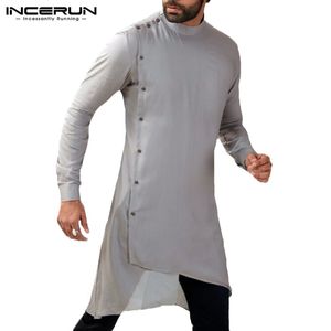 Hommes chemise costume à manches longues solide bouton ourlet irrégulier hommes chemises décontractées musulman islamique chemise vêtements grande taille INCERUN