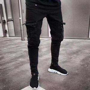 Pantalones vaqueros ajustados para hombre, pantalones pitillo ajustados con múltiples bolsillos, novedad de 2021, monos negros para hombre, ropa de calle Hip-Hop para Moto, pantalones vaqueros X0621