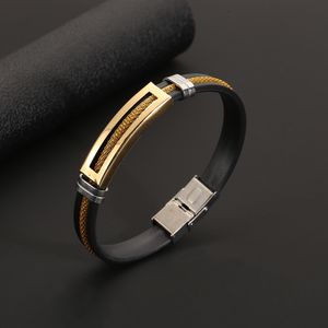 Bracelets en acier inoxydable pour hommes, ceinture en Silicone noir avec chaîne dorée, manchette Cool, accessoires de bijoux à la mode