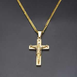 Collares con colgante de cruz de Jesús chapado en oro de acero inoxidable para hombre, cadena cubana de 24 pulgadas, joyería Punk Rock a la moda