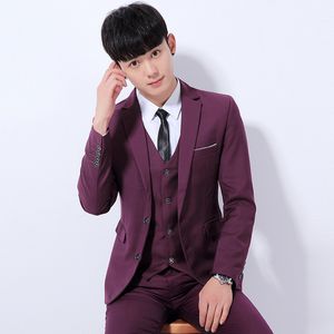Men Suit Three Piece Coat Vest Pants Korean Version Slim Fit Professional Work Uniform Groom Wedding Best Man Set Blue Purple