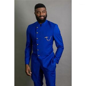 Costumes pour hommes Blazers hommes sur mesure Mandarin revers homme bleu marié Tuxedos mariage/bal 2 pièces (veste + pantalon + cravate) E2431