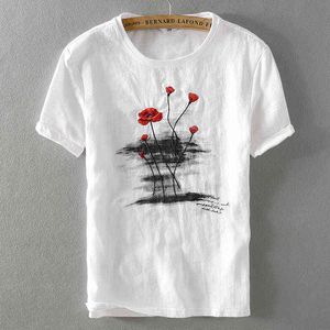 Novedad de verano para hombre, camisetas casuales clásicas con costuras de lino y algodón a la moda, camisetas blancas con bordado de rosas rojas de manga corta con cuello redondo, camisetas H1218
