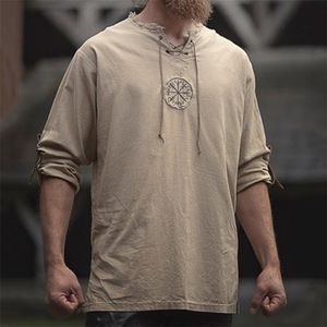 Camisetas para hombre, diseño único, camisetas de lino Vintage, bordado vikingo antiguo con cordones, cuello en V, camiseta de manga larga, Top 220813