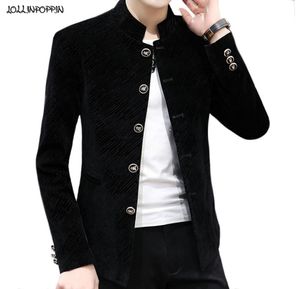 Men Velvet Tunic Suit Jacket Mandarin Collar Striped Casual Blazers 2020 New Slim Fit Coat Outerwear6891612