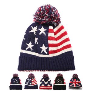 Hombres Invierno Pom Poms bola Gorro de punto para mujer Unisex Casual Británico y americano bandera nacional sombreros Skullies Beanie hat Gorros Y21111