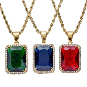 Hombres Mujeres Hip Hop Collar colgante de piedras preciosas Popular Rojo Azul Verde Joyas de gemas Acero inoxidable de alta calidad IP Chapado en oro Accesso292l