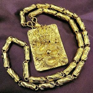 Collar de cadena con colgante LARGO chino relleno de oro amarillo para hombres y mujeres N420 X0707