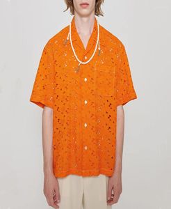 Men039s T Shirts Moda para hombre Hollow Lace Bordado Floral Sólido Buttondown Turndown Collar Cardigans Hombres Verano Short Sleev2208988