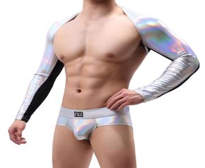 Men039s Camisetas Hombre Negro Cuero de imitación Malla Hombres Crop Tops Gay Sexy Nylon Spandex Mangas largas Lucha Libre Sin pantalones incluidos 4194372