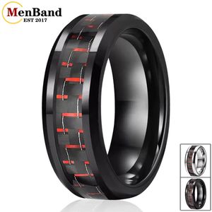 MenBand Fashion 8mm anneaux en carbure de tungstène pour hommes femmes bande de mariage noir rouge incrustation de fibre de carbone biseauté polissage confort Fit 240112