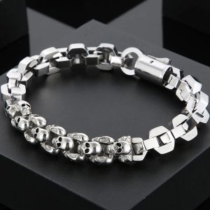 Bracelet tête de crâne en or blanc 14K pour hommes, chaîne de 10MM sur la main, bijoux gothiques de motard massif pour hommes