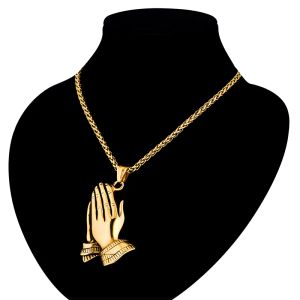 Collier pendentif de prière de jésus en or jaune 14 carats pour hommes, couleur dorée, pendentif mains de prière hip hop, chaîne à 2 usages, 20 26 Colgante