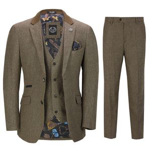 Costume 3 pièces en tweed à chevrons pour homme en marron rétro Peaky Blinders Style ajusté homme costumes veste pantalon gilet 194x