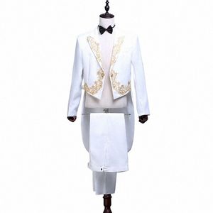 Hommes 4 pièces costumes de smoking blanc veste + pantalon + Blet + cravate marque or broderie Cductor magicien pianiste bal Tailcoat costume mâle 047T #