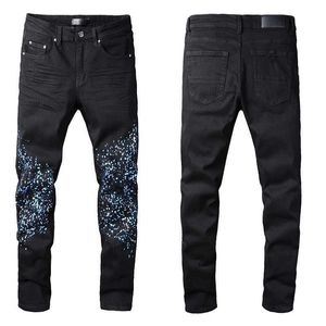 Jeans negros para hombre con pintura azul Denim Skinny Slim Biker Moto Hip Hop Pierna recta Spray en Vintage Distress Stretch para chicos Hombre Rip Fits