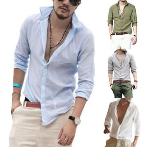Chemises boutonnées à manches longues pour hommes, haut de plage décontracté en coton, léger, uni, ajusté, lin doux, respirant, 246G