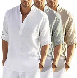 Chemises décontractées pour hommes chemise respirante à manches longues couleur unie basique coton lin chemises hauts chemises de grande taille pour hommes