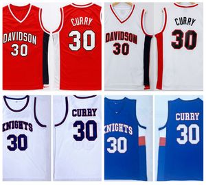 Hommes Knights Stephen Curry 30 Maillots de basket-ball du lycée NCAA Davidson Wildcat College Chemises cousues Bleu Rouge S-XXL