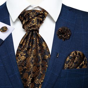 Mens Cravat Black Gold Ascot Tie Brooch Brooch Gentleman Silk Man Necktie Wedding Foral for Party Suit Tuxdeo Accessory240409