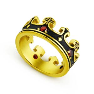 Bague couronne pour hommes, couronne royale, chevalier, anneaux croisés, or jaune 14 carats, Zircon rouge, bague de mariage pour femmes et hommes