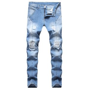 Pantalones vaqueros para hombre Diseño para hombre Moda con paneles Biker Skinny Angustiado Pantalones de mezclilla azul claro Gota Stock al por mayor