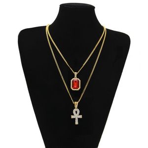 Bijoux Hip Hop pour hommes Fashion Hop Gold Chain Rhinestone Red Ruby Cross Pendant Collier Sett