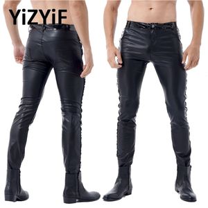 Pantalones de piel sintética para hombre, mallas de motociclista con aspecto mojado, Punk, gótico, negro, mallas elásticas para escenario, 231225