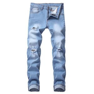 Pantalones vaqueros para hombre, azul, rasgado, flaco, desgastado, destruido, para motorista, con cremallera desgastada, ajustados, pantalones informales de mezclilla