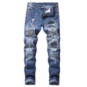 Pantalones vaqueros para hombre Pantalones de moda para hombre Agujero Azul claro Motocicleta delgada Pantalones de mezclilla lavados rasgados Lápiz largo