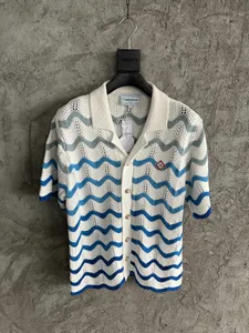 Polo de tricots à hommes Unisexe Luxurys Casablanca Shirts Sea Wave Stripes Hollow Out Tee Hen Men Casual Knitwear Loose Short Mancheves Street High Quality Clothing