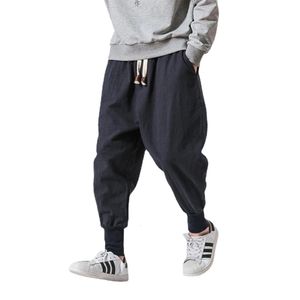 Pantalons pour hommes pur coton lin sarouel hommes solide taille élastique vêtements de rue jogger ensaché entrejambe décontracté 230718