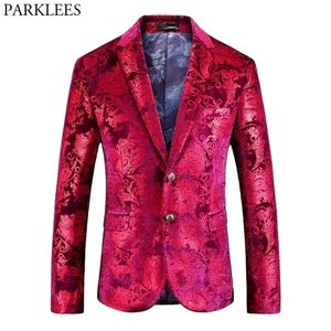 Mens Red Floral Blazer Jacket Brand Single Breasted Two Button Velvet Suit Blazer Men Party Wedding Prom Stage Disfraces 201104