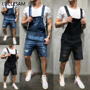 Mens rasgado denim macacão curto novo modish estiramento suspender calças hip hop preto azul jeans com buracos plus size 3xl