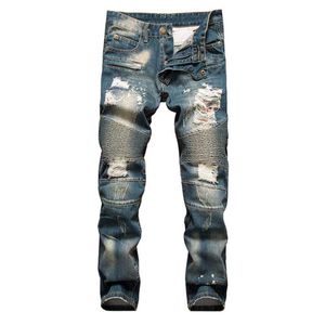 Jeans da uomo Uomo Strappato Primavera Autunno Slim Fit Stretch Denim Pantaloni da uomo Pieghettato Motociclista Hip Hop Pantalon Homme 42 40
