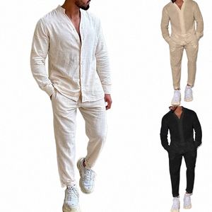 Conjuntos para hombre Ropa de lino Primavera Otoño Traje de ocio Camisas de manga LG y pantalones Conjuntos de dos piezas Fi Ropa para hombres al por mayor N9Es #