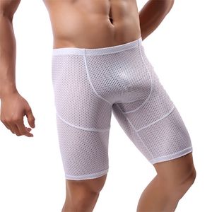 Mens Sexy Causal Shorts Mesh Sheer Pyjama Sleep Bottoms Sports Fitness Respirant Leggings Loungewear Slip Homme Long Boxers 2XL 210716