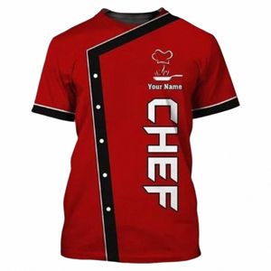 Hommes à manches courtes 3D Imprimer T-shirt Chef Uniforme Cook Food Service Tops pour Hôtel Restaurant Cuisine Cantine Cake Shop Boulangerie q7IV #