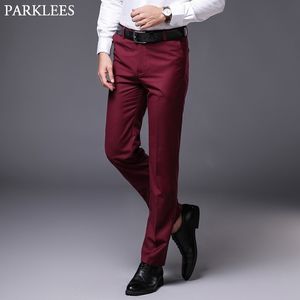 Mens Slim Fit Straight Dress Pants Brand Flat-front Causal Pantalones Hombre Business Formal Pantalon de Vestir Hombre Wine Red 210522