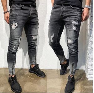 Pantalones vaqueros ajustados rasgados con estilo para hombre Diseñador de moda Lavado con cremallera Paneles de motorista Pantalones de mezclilla elásticos deshilachados rectos Pantalones de calle